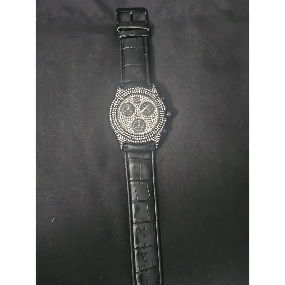 54.1mm black crystal stone Fashion Analog Quartz watch w/Black Faux Leather Band